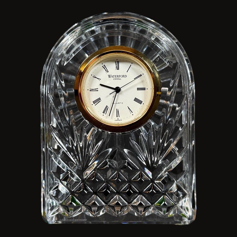 3" Waterford Vintage Small Arched Clear Crystal Glass Gold Rim Mantel Clock